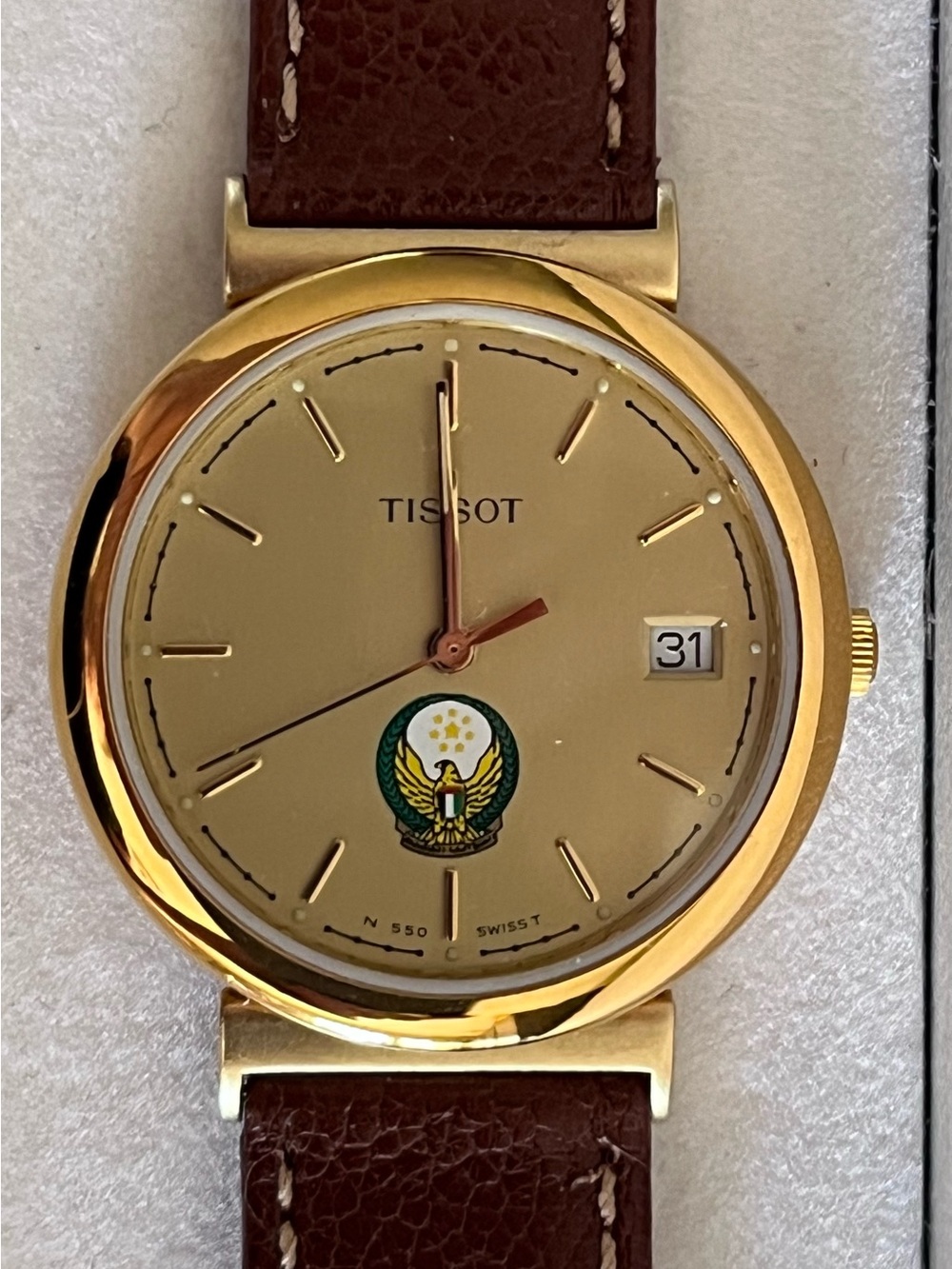 Vintage Tissot Gold Watch Rare UAE Military Emblem Swiss Quartz Leather N550